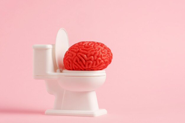 Photo model of human brain sitting on the white toilet on pastel pink color background brainwashing concep