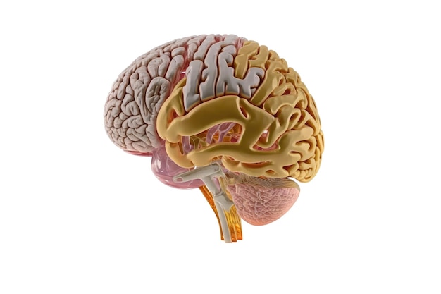 Модель человеческого мозга на белом фоне Вид профиля Интеллектуальная концепция сложности человеческого разума Генеративный ИИ