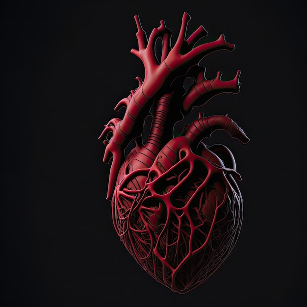 A model of a human heart showing the chambers and the blood vessels digital art illustration in red color