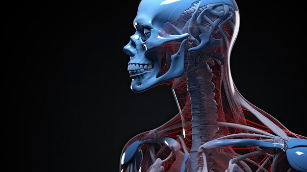 A model of a human skeleton with a red and blue body and the bones