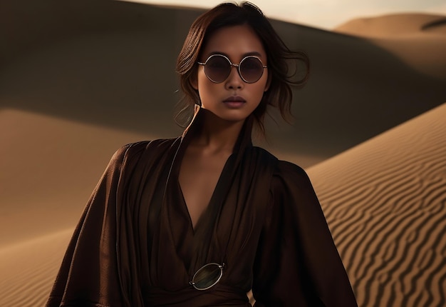Model in de woestijn met een designerjurk