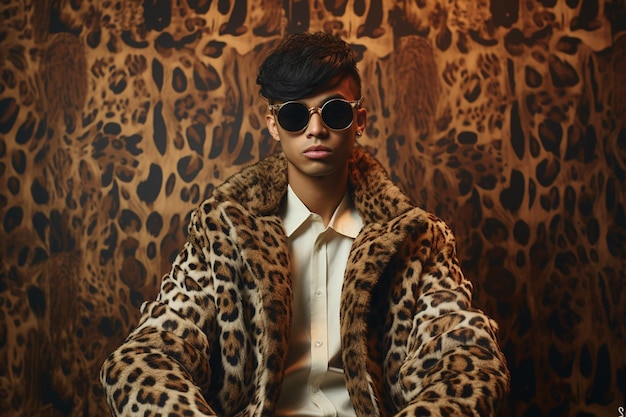 The model is wearing leopard pattern clothing