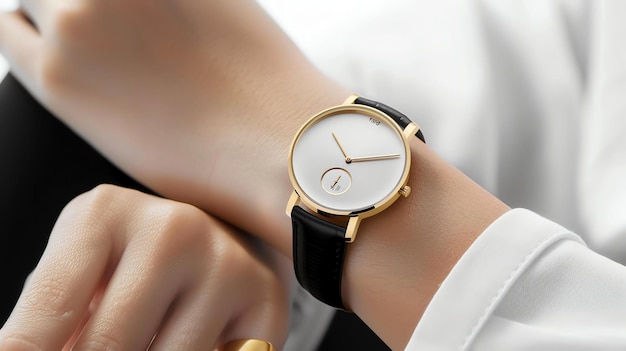A model is wearing a luxury wristwatch The watch has a gold case and a black leather strap