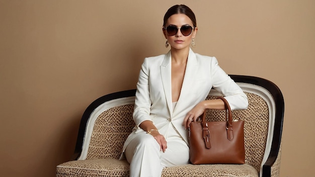 the model is wearing a white suit and sunglasses