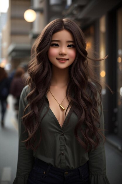 a model of a japanese girl with long brown hair.