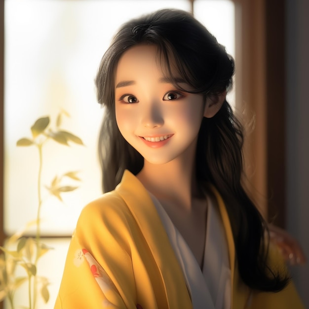 модель японской девушки в желтом кимоно