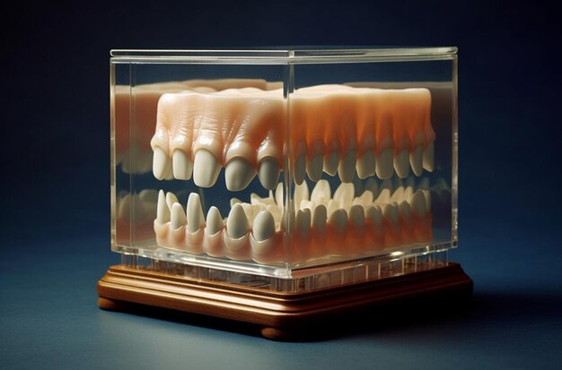 A model of a jaw is displayed in a clear box.