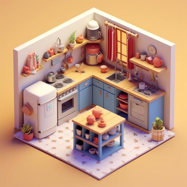 a model of a kitchen with a stove and oven