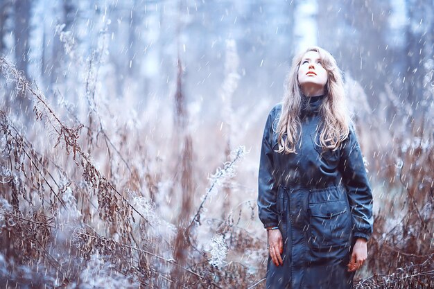 Model late autumn in the park, european style adult girl in seasonal glamorous look