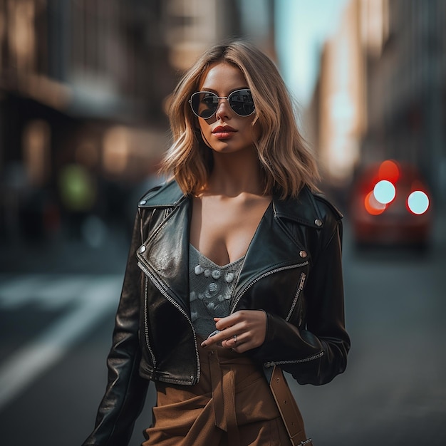 A model in a leather jacket and sunglasses walks down a street.