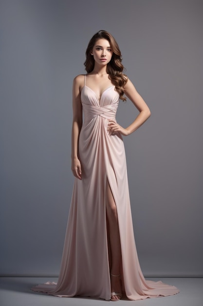 a model in a long pink dress with a long neckline.