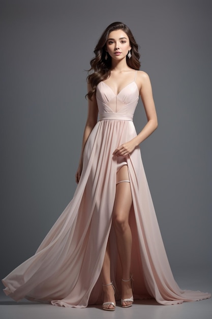 a model in a long pink dress with a long skirt.
