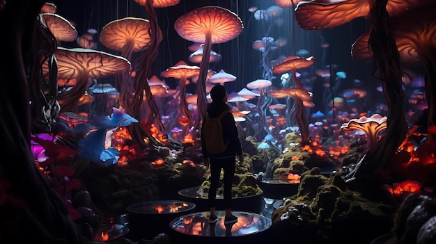 A model of a man standing on a platform surrounded by underwater plants