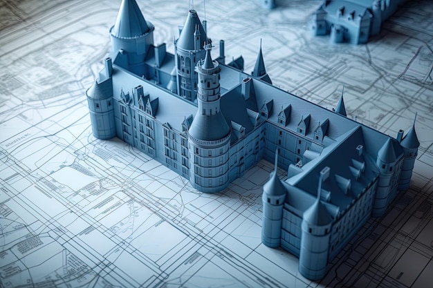 Model of a medieval castle on the plans Generative AI