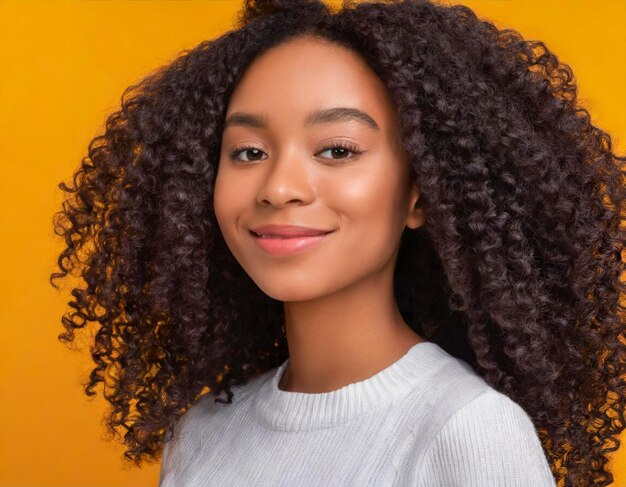 Model meisje Afro-Amerikaans met glanzend glad krullend haar en gloeiende bruine huid natuurlijke schoonheid voor auto