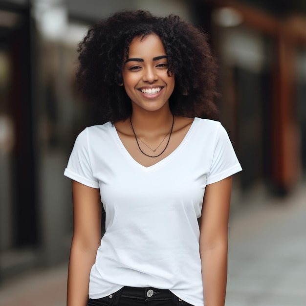 Model met blank wit T-shirt brunette zwart front view glimlachend naar camera op straat