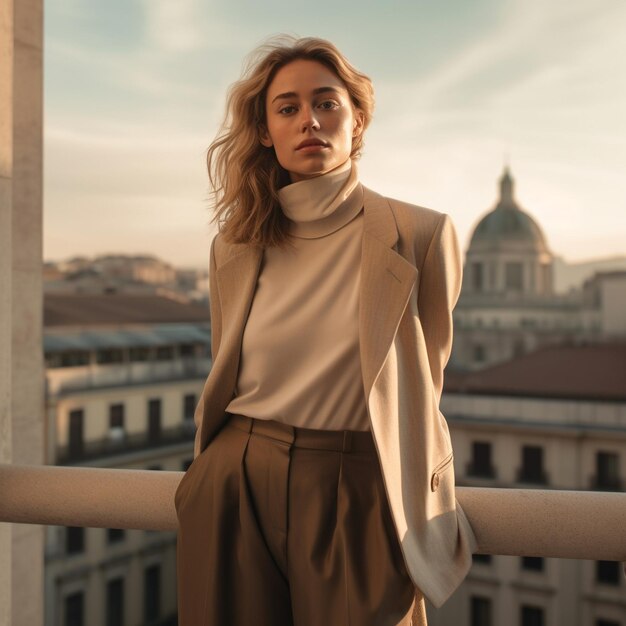 Model met een lange bruine jurk met een lange nek