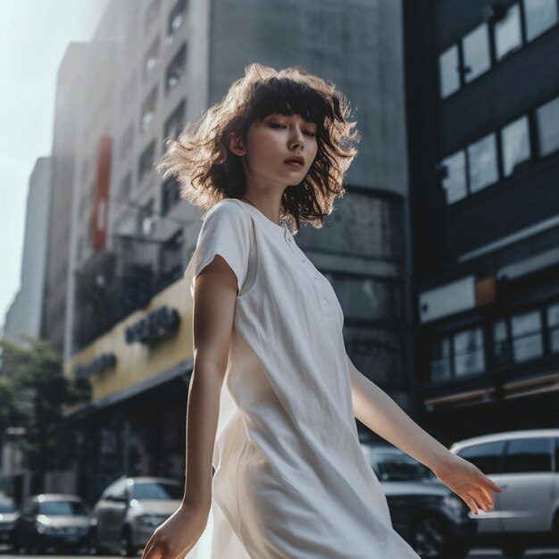 model met een witte jurk met een lange rok en een lange rok.