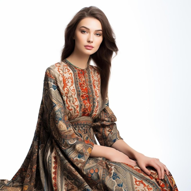 model met jurk met Azerbeidzjaanse tapijtelementen geïsoleerd op