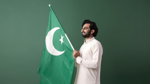 model met Pakistaanse vlag op schouder willekeurige vaste achtergrond