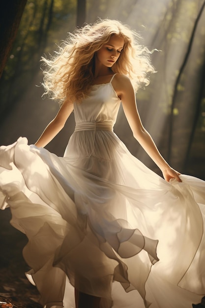 a model of a model in a white dress with the sun shining through the trees.