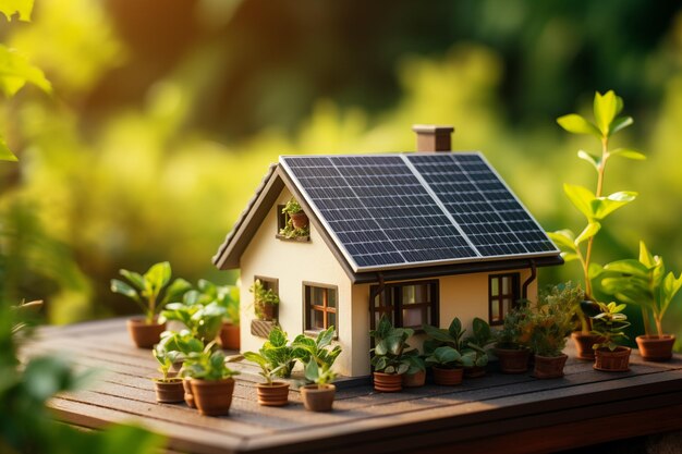 Model of modern house with solar panels on roof Solar panel green renewable and clean energy