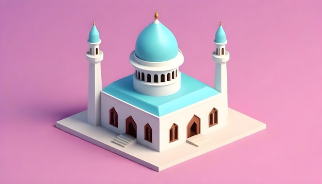 a model of a mosque made by a woman with a blue top