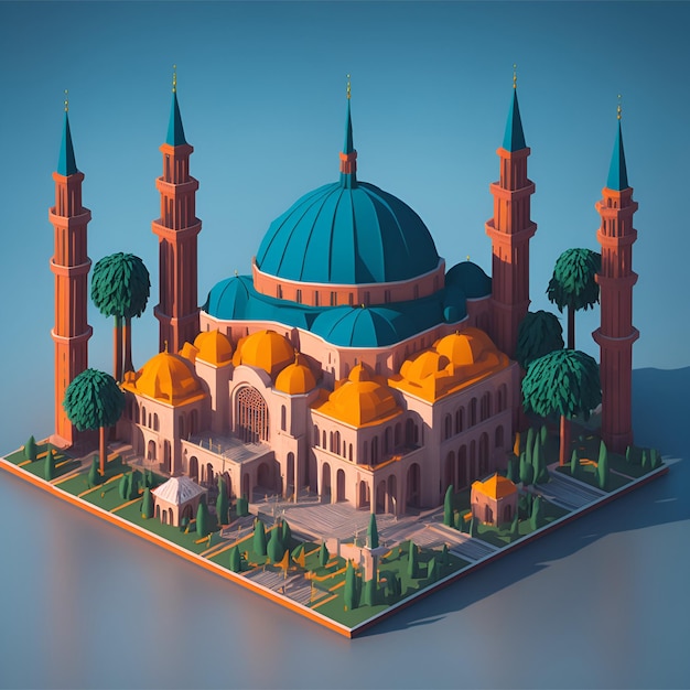 A model of a mosque with a blue roof and a green tree in the middle.