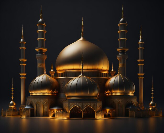 A model of a mosque with gold colored lights.