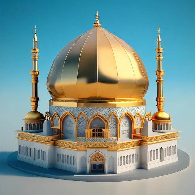 A model of a mosque with a gold dome on the top.