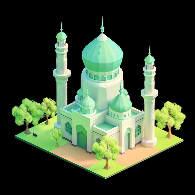 a model of a mosque with trees and a green roof