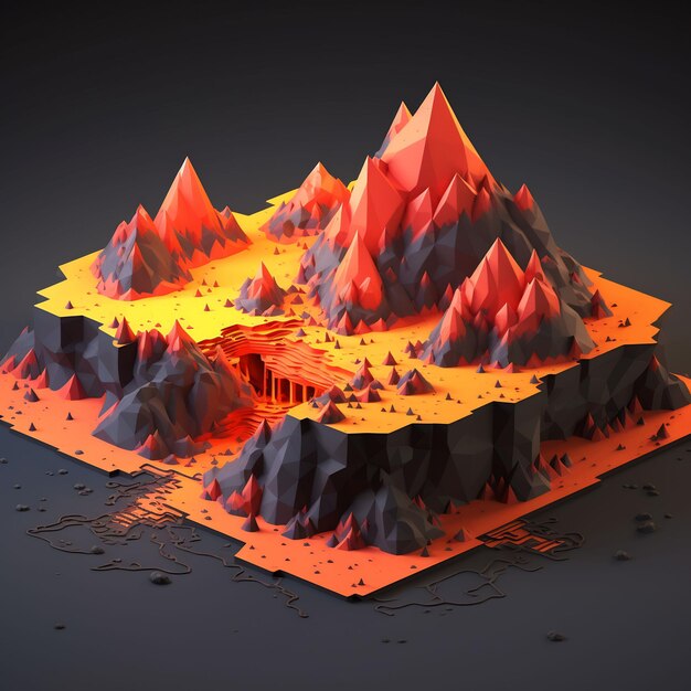 a model of a mountain with a red and orange background.