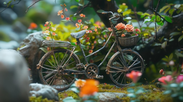 Model of an old bicycle equipped with basket of flowers Bicycle