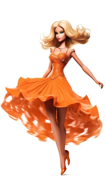 A model in an orange dress with a long orange skirt.