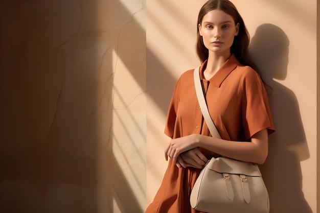 Model in an orange shirtdress with an beige bag against a wall