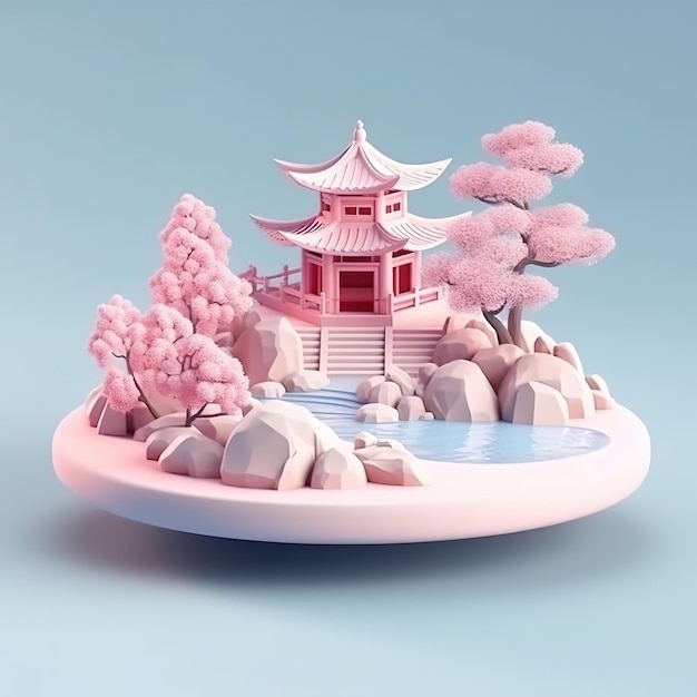 A model of a pagoda with a pink pagoda on the bottom