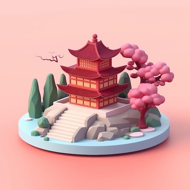 a model of a pagoda with a red roof and a pink background.