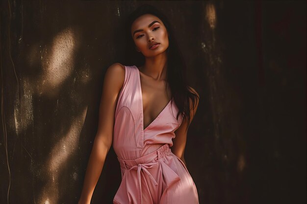 Photo model in pastel pink jumpsuit poses