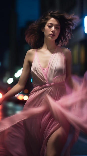 model in a pink dress with lights behind her