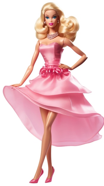Foto una modella con un vestito rosa con un fiocco rosa sul fondo.