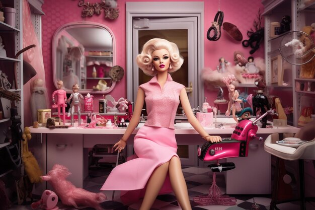 a model in a pink dress with a toy bike in the background.