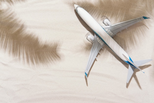 Model of plane, airplane and palm leaves shadows on gold sand background. Flat lay design. Travel, vacation concept