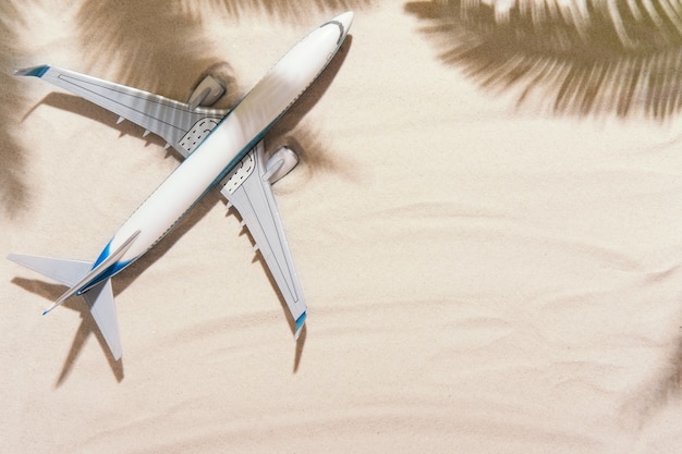 Model of plane, airplane and palm leaves shadows on gold sand background. Flat lay design. Travel, vacation concept