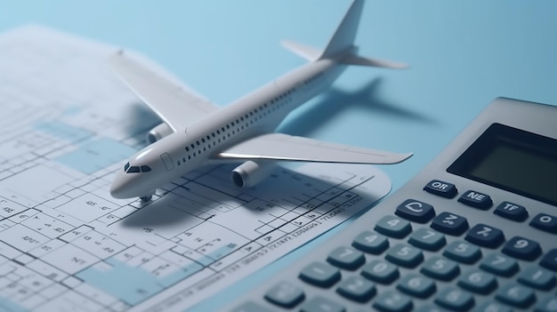 A model of a plane sits on a keyboard next to a calculator.