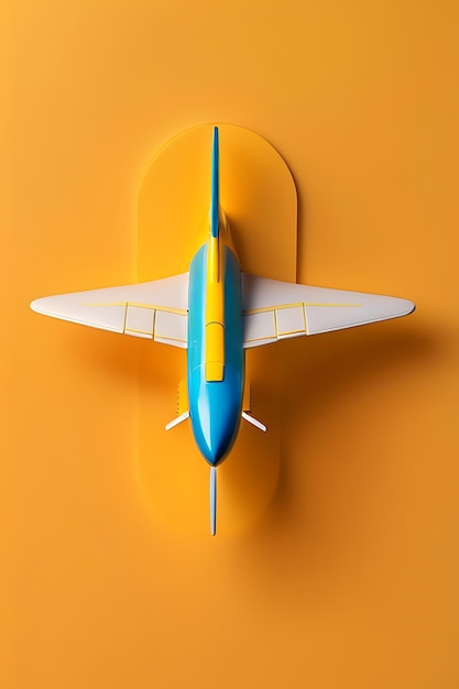 Model plane on yellow pastel color background miniature toy airplane