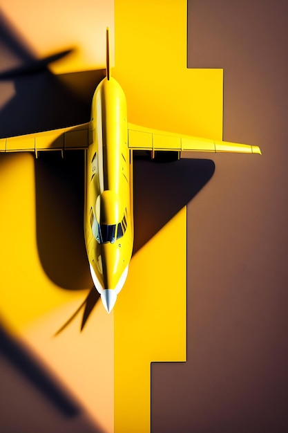 Model plane on yellow pastel color background with shadow miniature toy airplane