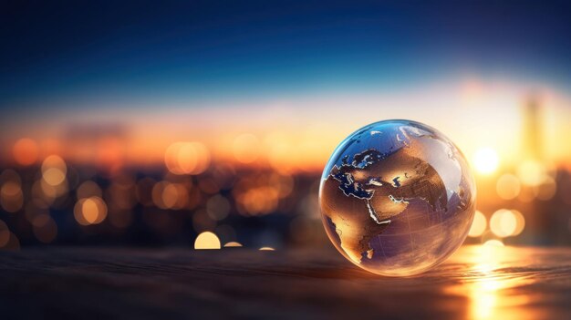 Model planet earth on the background of blurred lights of the city
