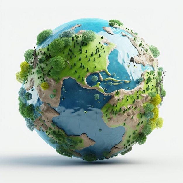 Model of planet Earth with green continents forest and green trees isolated on white background World Map Green Planet Earth Day or Environment day Concept