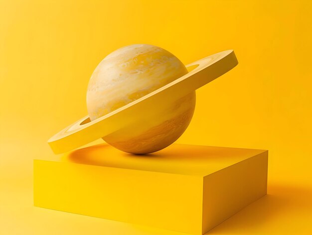 Photo a model of a planet resting on a yellow background on the postament high resolution