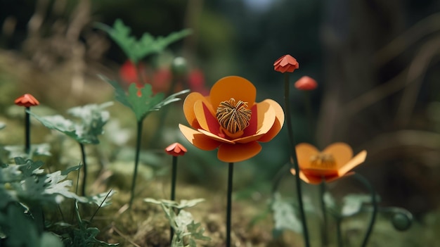 A model of a poppy flower in a field